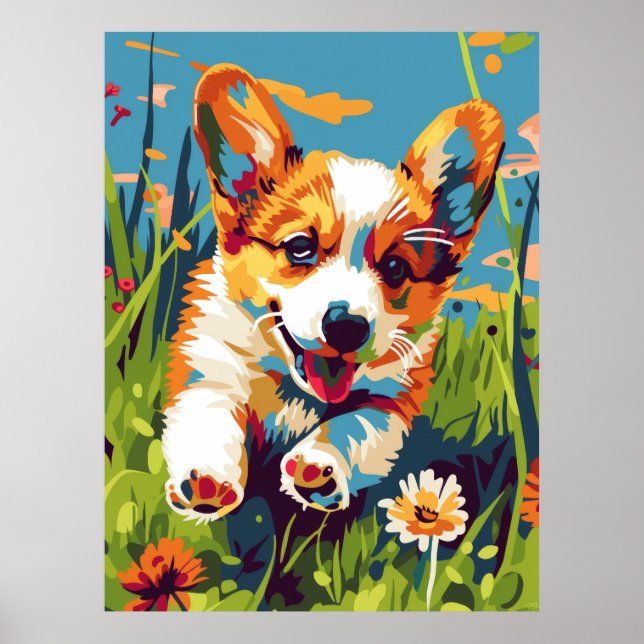 Adorable Chibi Corgi Puppy Running in Garden Poste Poster (Front)