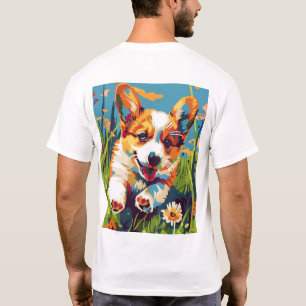 Adorable Chibi Corgi Puppy Running in Garden T-Shi T-Shirt