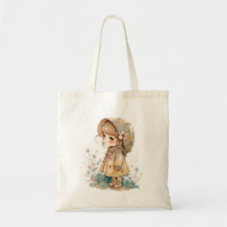 Adorable Chibi Girl in Antique Watercolour Tote Bag
