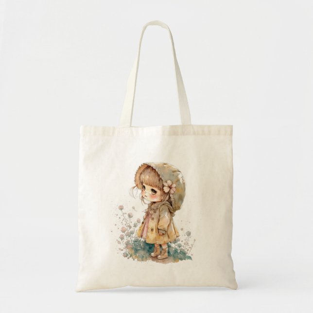 Adorable Chibi Girl in Antique Watercolour Tote Bag (Front)