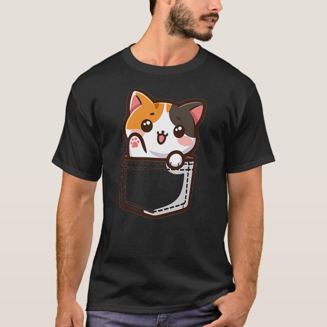 Adorable Chibi Japanese Pocket Kawaii Calico Cat T-Shirt (Front)