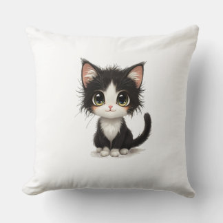 Adorable chibi kitten with fluffy black‑and‑white cushion