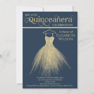 Adorable chic gold dress calligraphy Quinceañera Invitation