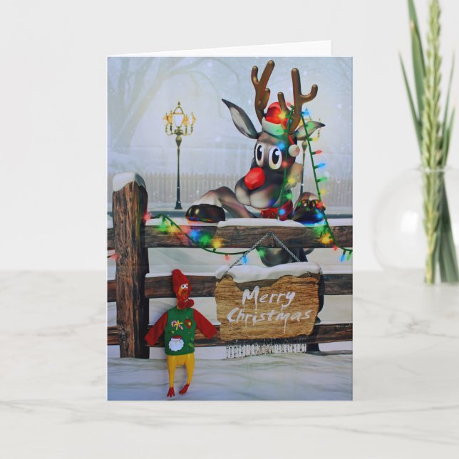 Adorable Chicken and Rudolph Christmas Card! Holiday Card (Front)