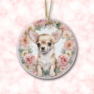 Adorable Chihuahua Puppy Pink Floral Christmas Ceramic Ornament