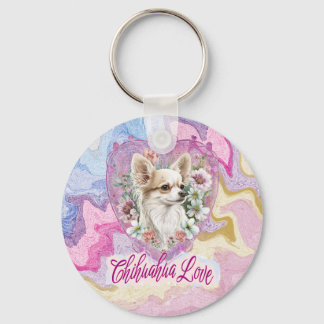 Adorable Chihuahua with flowers pink theme   Key Ring