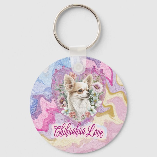 Adorable Chihuahua with flowers pink theme   Key Ring (Front)