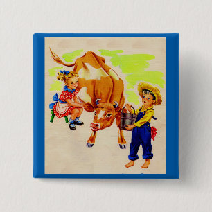 adorable children with adorable cow 15 cm square badge