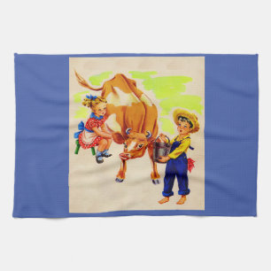 adorable children with adorable cow tea towel