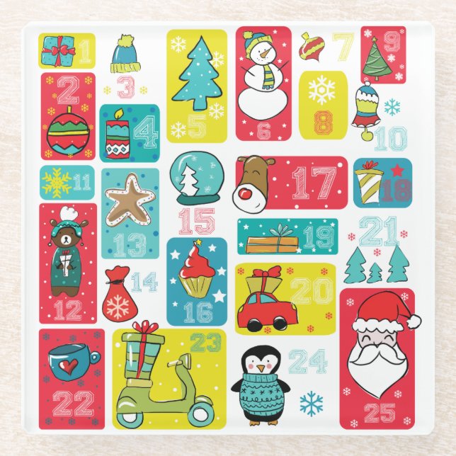 Adorable Christmas Advent Calendar Glass Coaster (Front)