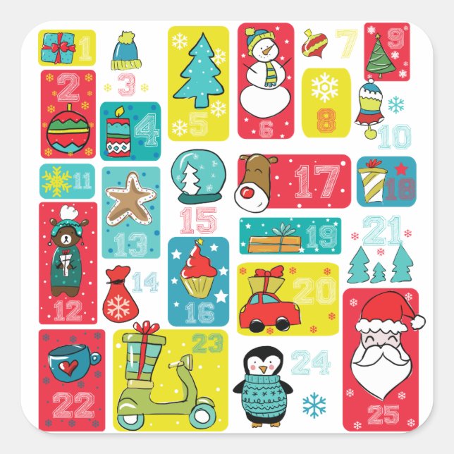 Adorable Christmas Advent Calendar illustration Square Sticker (Front)