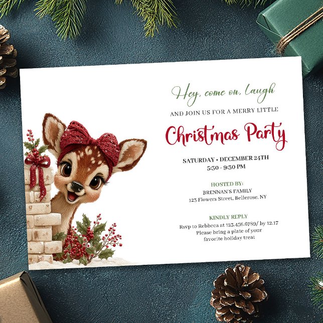 Adorable Christmas baby deer peeking party invite (Elegant Funny Baby Reindeer Cartoon Watercolor Invitation

)