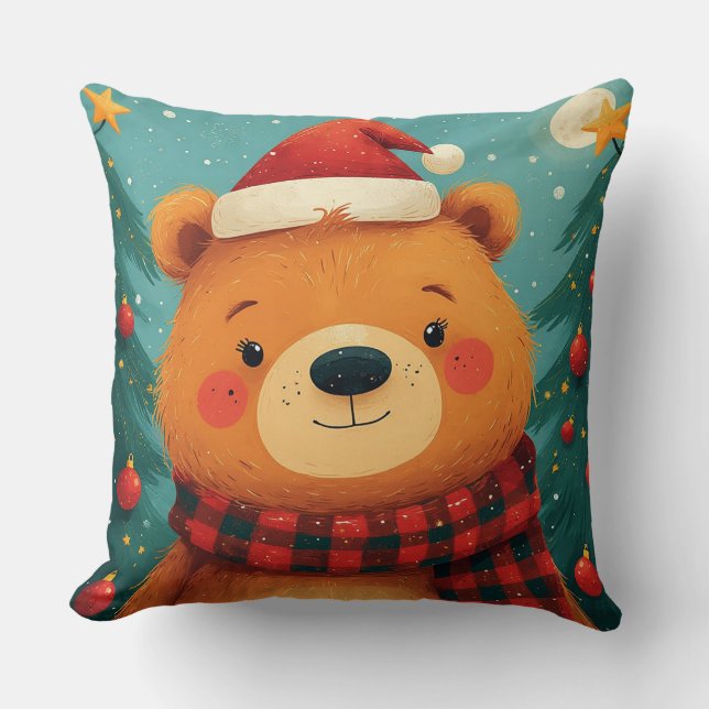 Adorable Christmas Bear With Santa Hat Cushion (Front)