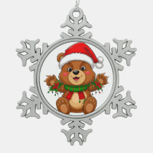 Adorable Christmas Bear With Santa Hat Snowflake Pewter Christmas Ornament