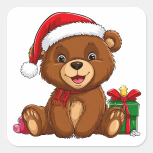 Adorable Christmas Bear With Santa Hat Square Sticker