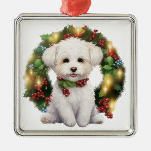 ADORABLE CHRISTMAS BICHON FRISE DOG WREATH METAL ORNAMENT