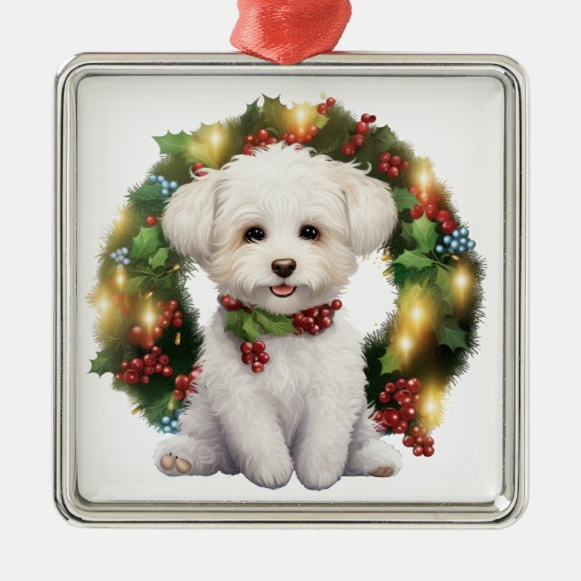 ADORABLE CHRISTMAS BICHON FRISE DOG WREATH METAL ORNAMENT (Front)