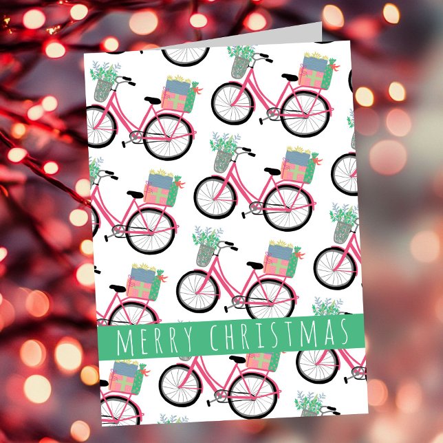 Adorable Christmas Bicycle Holiday Cute Girly Pink Card (Adorable Christmas Bicycle Holiday Cute Girly Pink Modern Xmas Card
)