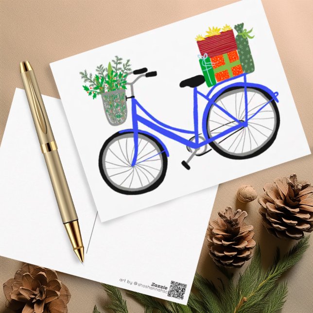 Adorable Christmas Bicycle Holiday Xmas Gifts Postcard (Cheerful holiday bicycle postcard with gifts and cheer! Customize with your own text)
