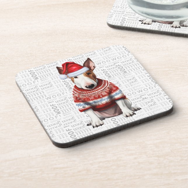 Adorable Christmas Bull Terrier Dog Woof Word Art Coaster (Left Side)
