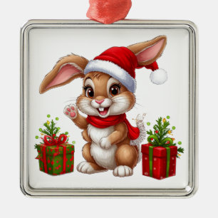 Adorable Christmas Bunny With Santa Hat Metal Ornament