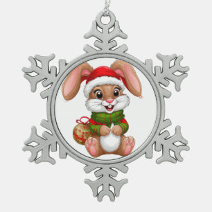 Adorable Christmas Bunny With Santa Hat Snowflake Pewter Christmas Ornament