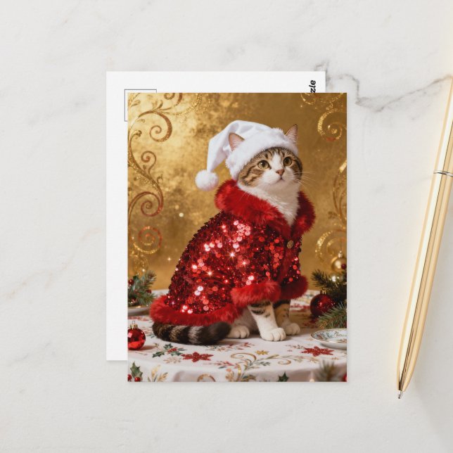 Adorable Christmas Cat Postcard (Front/Back In Situ)