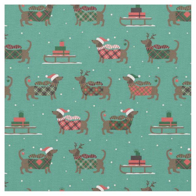 Adorable Christmas Dachshunds Fabric (Close Up)