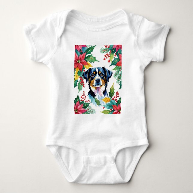 Adorable Christmas Dog With Poinsettias Baby Bodysuit (Front)