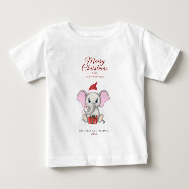 Adorable Christmas Elephant | Personalised Baby T- Baby T-Shirt (Front)