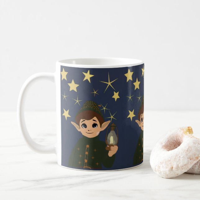 Adorable Christmas Elf and Magical Starry Night Coffee Mug (With Donut)