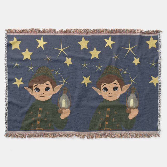 Adorable Christmas Elf and Starry Night Throw Blanket (Front)