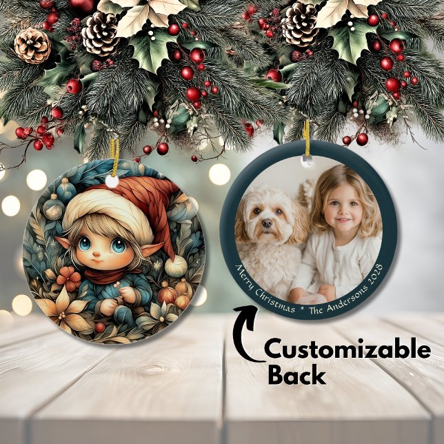 Adorable Christmas Elf Customisable Ceramic Ornament (Adorable Christmas Elf Customizable Ceramic Ornament)