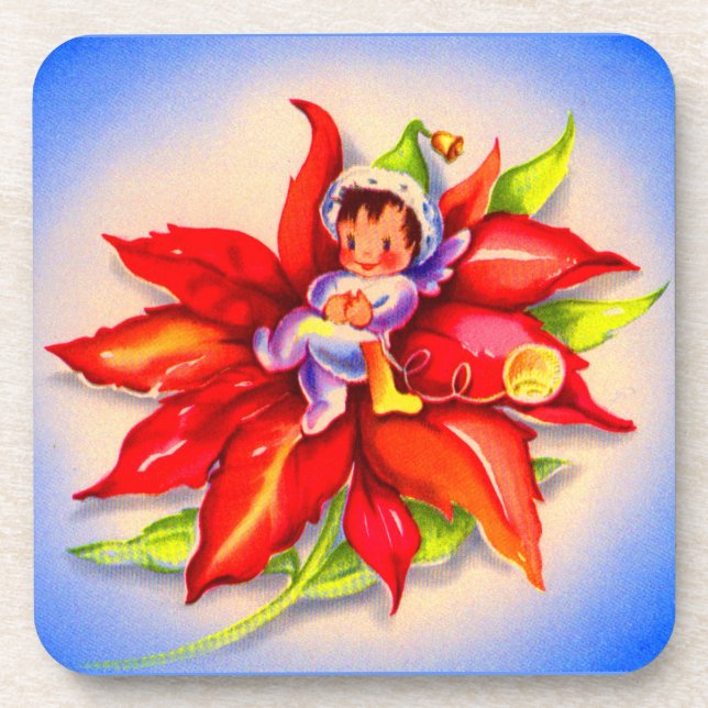 adorable Christmas elf in a poinsettia Coaster (Front)