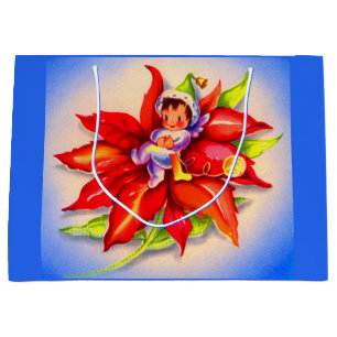 adorable Christmas elf in a poinsettia Large Gift Bag
