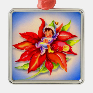 adorable Christmas elf in a poinsettia Metal Ornament