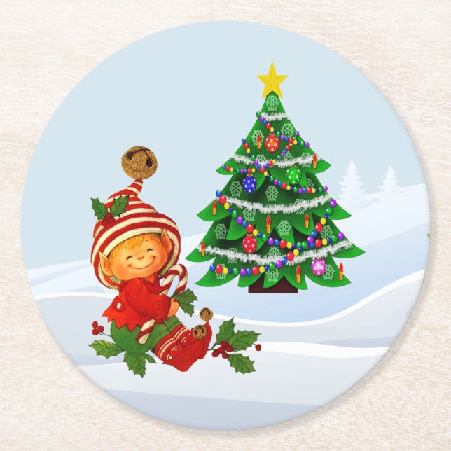 Adorable Christmas Elf Paper Coaster (Front)