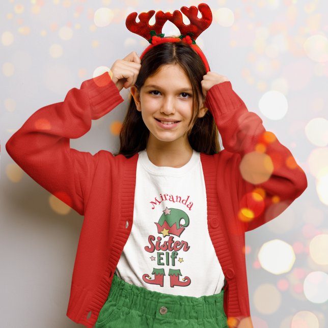 Adorable Christmas Elf Red and Green Custom Girl’s T-Shirt (Christmas Sister Elf customized girl t-shirt)