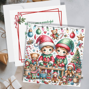 Adorable Christmas Elves in their Toy Shop Holiday Card