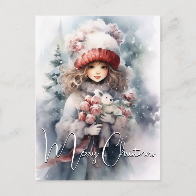 Adorable Christmas Fairy with Teddy  Holiday Postcard (Front)