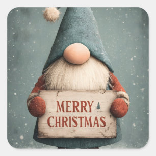 Adorable Christmas Gnome holding "Merry Christmas" Square Sticker