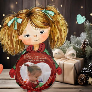 Adorable Christmas Grandma Red Photo Round Cushion