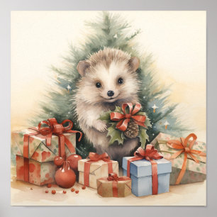 Adorable Christmas hedgehog holiday print