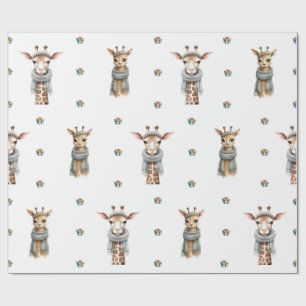 Adorable Christmas Holiday Giraffes on White Wrapping Paper