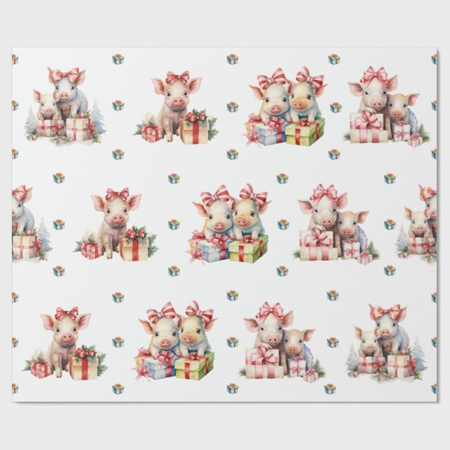Adorable Christmas Holiday Happy Pigs on White Wrapping Paper (Flat)