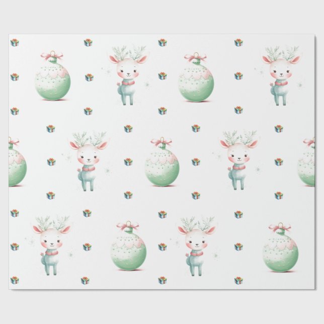 Adorable Christmas Holiday Pastel Deer on White Wrapping Paper (Seam)