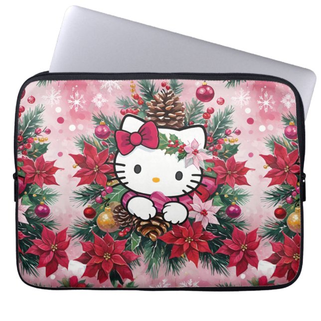 Adorable Christmas Kawaii Kitty In Pink Laptop Sleeve (Front)