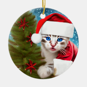 Adorable Christmas Kitten Ceramic Ornament