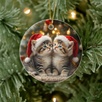 Adorable Christmas kitten with Santa hats  Ceramic Ornament