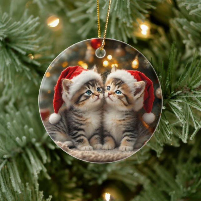 Adorable Christmas kitten with Santa hats  Ceramic Ornament (Tree)